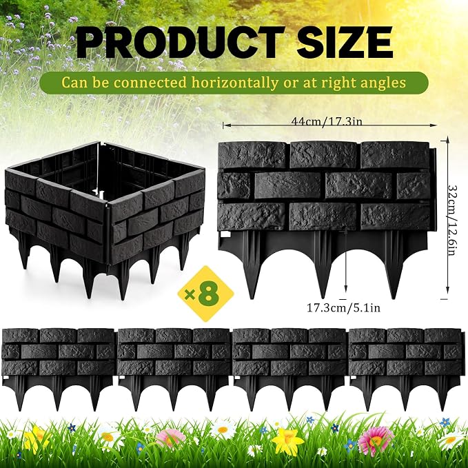 8 Pcs Black Imitation Stone Garden Fence, Faux Stone Retaining Wall Look Garden Bricks Border with Ground Stakes, 17.3 x 12.6 in Plastic Edging Blocks for Flower Beds, Lawn, Mulch
