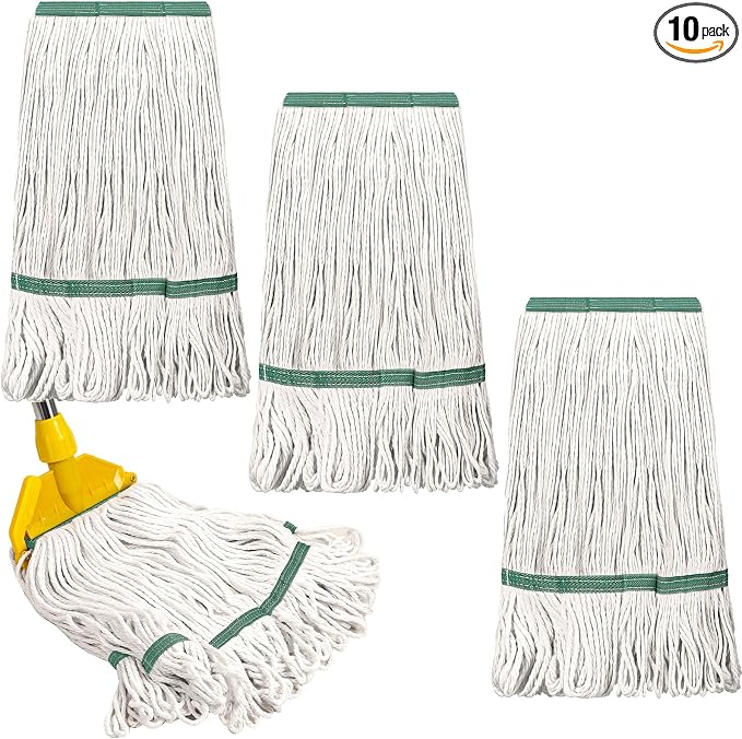 Eccliy 10 Pack Commercial Mop Heads Replacement Heavy Duty 18 oz Loop End Cotton String Wet Mop Refills Washable Absorbent Reusable for Industrial Home Tile Wood Concrete Floor (White,Green)