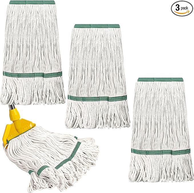 Eccliy 3 Pack Commercial Mop Heads Replacement Heavy Duty 18 oz Loop End Cotton String Wet Mop Refills Washable Absorbent Reusable for Industrial Home Tile Wood Concrete Floor (White,Green)
