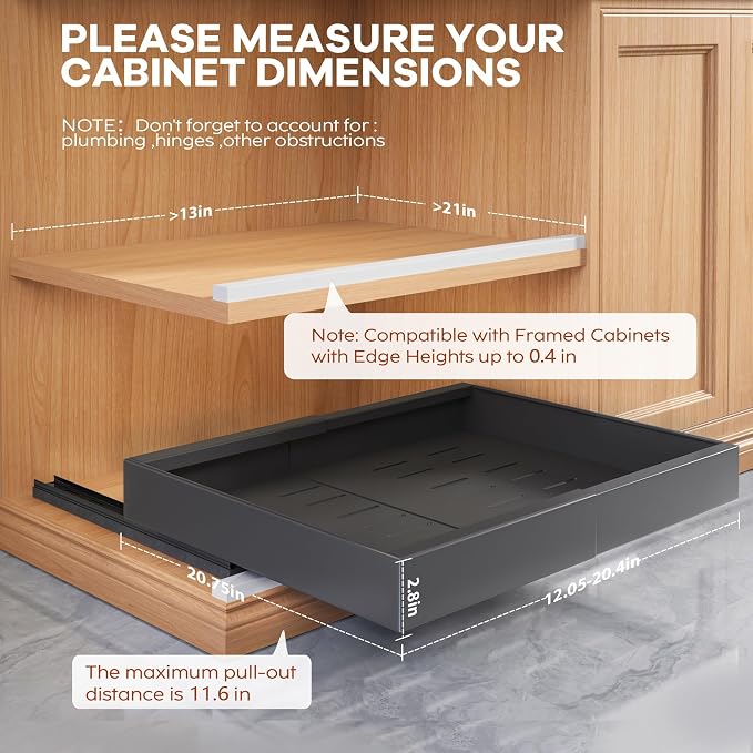 Seinloes 2Pack Expandable Pull Out Cabinet Organizer 21"Deep with Raising Pad for Framed Cabinets, Upgrade 3 Slide Rails Slide Out Drawers, Roll Out Shelves Adhesive,Adjustable Width 12.05"-20.4"Black