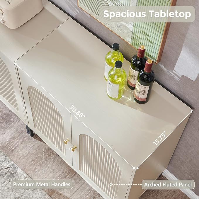 IFGET 34" Tall Modern Arched Sideboard Buffet Cabinet with Storage, Cream | Fluted Arch Sideboard Cabinet w/Adjustable Shelves, Wooden Modular Kitchen Cabinet for Dining& Living Room, Kitchen, Entryway