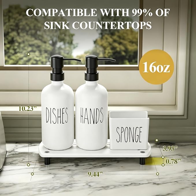 Cisily Kitchen Soap Dispenser Set Comes with Ceramics Sponge Holder, Gold Pumps, and Instant Dry Tray, Hand and Dish Soap Dispenser Set (4, Black + White + Sponge Holder)