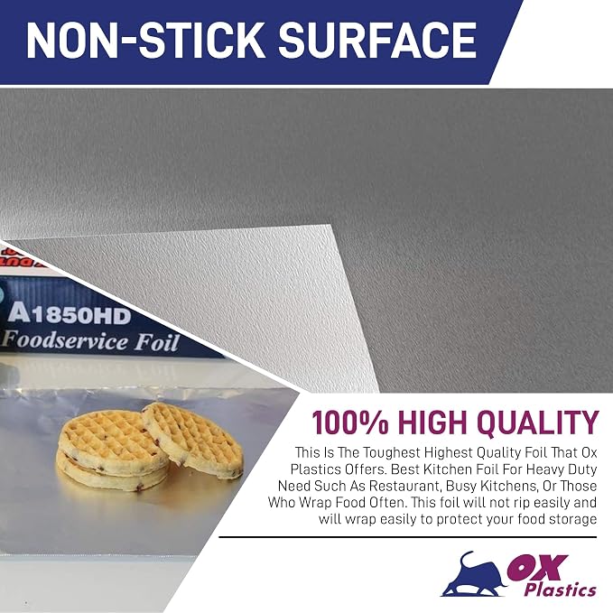 Ox Plastics Aluminum Foil Wrap | Heavy-Duty, Commercial Grade for Food Service Industry | Silver Foil for Cooking, Roasting, Baking, BBQ & Parties | 18"x 500 feet (2 Pack)