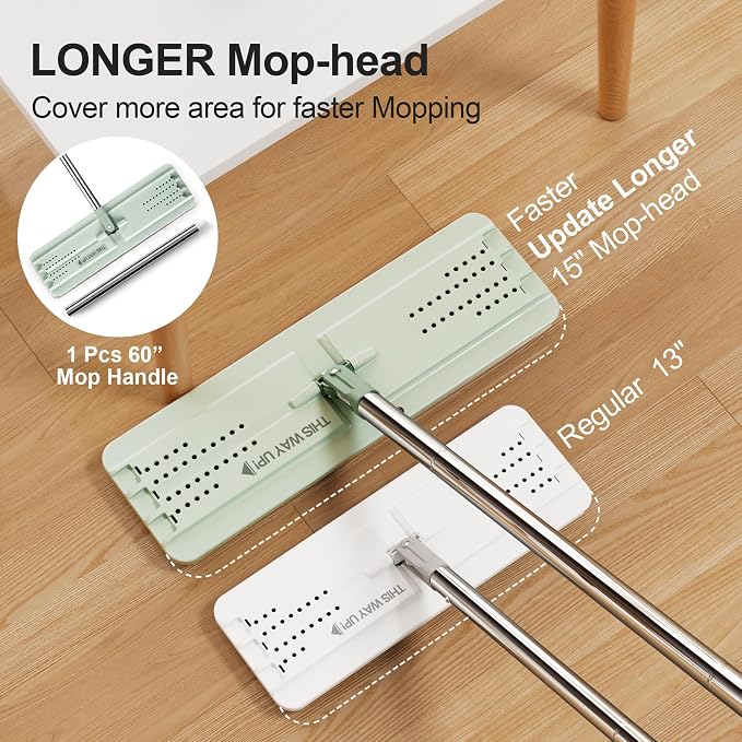 JOYMOOP 8L Large Capacity Flat Mop System, Light Green | Extension Handle, Floor, Window, and Wall Cleaning, 3 Washable Microfiber Pads, Wet and Dry Use