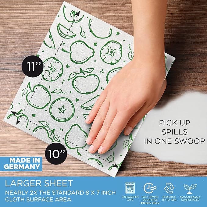 LOLA Swedish Dishcloths XL on a Roll, 30 Sheets, Fruit Pattern, Perforated Tear-Off 11" x 10" Sheets w/Hook, Reusable Absorbent Unpaper Towels Cellulose Sponge Cloth Biodegradable Made in Germany