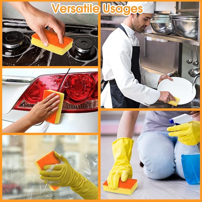 Tioncy 100 Pcs Individually Wrapped Sponges Bulk Kitchen Orange Non Scratch Scrub Sponges Dual Sided Cleaning Scrubber for Household Washing Dishes, Pots, Pans, Sinks, Stoves, Appliances, Car, Bike