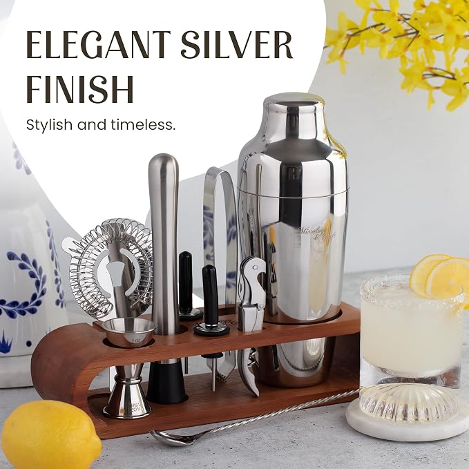 Mixology & Craft Cocktail Shaker Set with Dark Bamboo Stand - Professional 10-Piece Bartender Kit - Complete Bar Set & Cocktail Mixer Kit for Home (Silver)