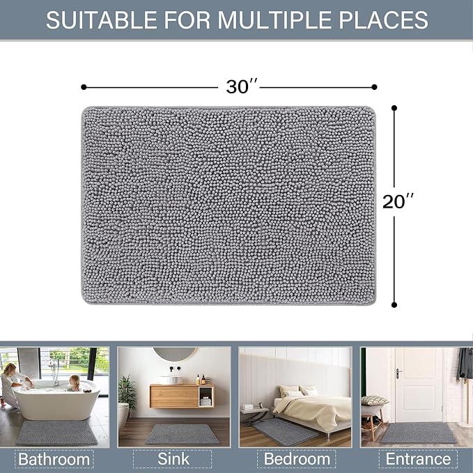 LOCHAS Luxury Bathroom Rug Shaggy Bath Mat 20 x 30 Inch, Gray | Washable Non Slip Bath Rugs for Bathroom Shower, Soft Plush Chenille Absorbent Carpets