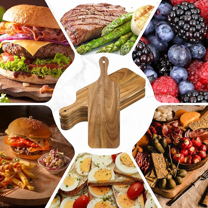 Didaey 6 Pcs Cutting Board Bulk Kitchen Thicken Chopping Platter with Handles Wooden Charcuterie Serving Trays Blank Wood Boards for Engraving Wedding Housewarming(Acacia Wood,17 x 6 Inch)