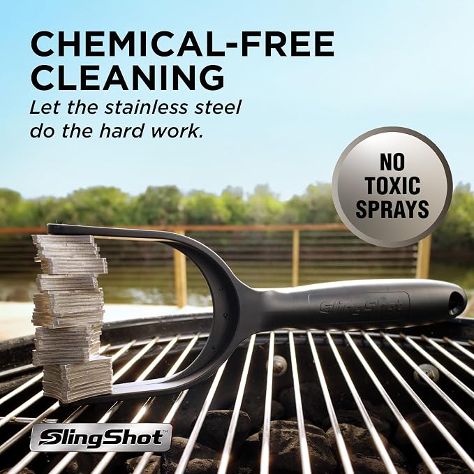 Slingshot Grill Cleaner- Bristle-Free BBQ Tool for Outdoor Grates, Heavy Duty Grill Scrubber, Stainless Steel Blades, Cold Grill Cleaning Accessory for Grilling Maintenance