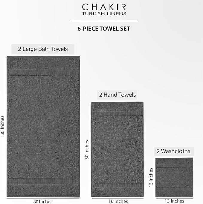Chakir Turkish Linens 6 Piece Towel Set, 100% Cotton Turkish Towels for Bathroom, Luxury Soft Absorbent Bath Towel Set with 2 Bath Towels 2 Hand Towels 2 Washcloths, Dark Gray