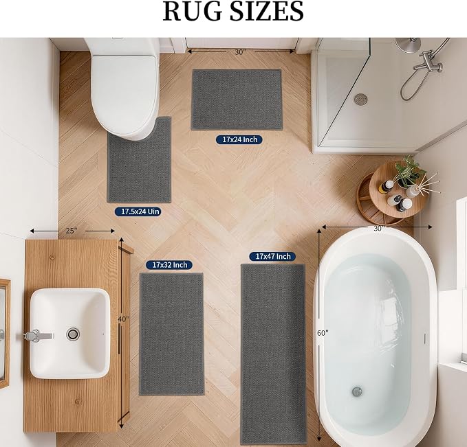 YIHOUSE Dark Gray Bathroom Rugs Sets 4 Piece, Quick Dry Thin Bath Mat with Toilet Rug, Non Slip Absorbent Machine Washable, Bath Runner Rugs for Bathtub Sink Home Decor