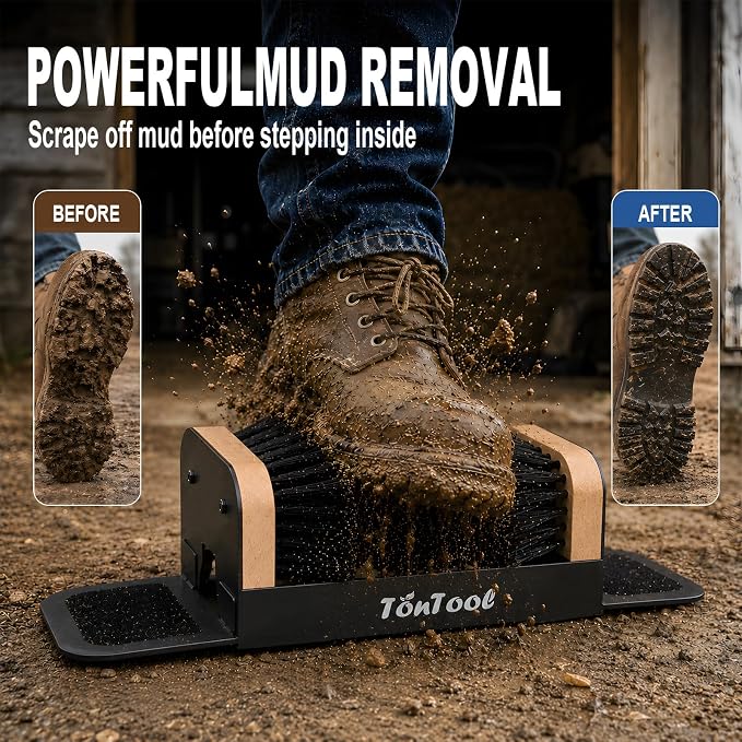 Boot Brush Scraper Outdoor Heavy Duty Boot Cleaner Brush Outdoor with Natural Stiff Bristles Boot Scrapers with Brushes Outdoor Steel Frame Non-Slip Base Foldable Side Wings Wall Mount or Freestanding