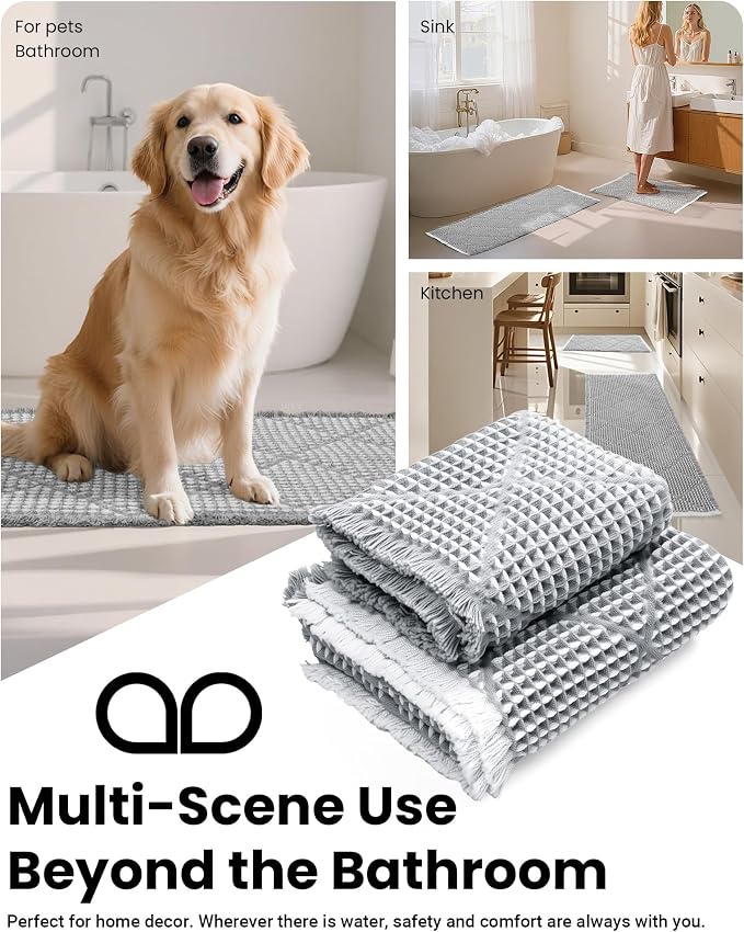 Furicher Waffle Bath Mat Set, Non Slip Bathroom Rugs Sets 2 Piece, Ultra Absorbent Long Bath Rug Runner for Bathroom Decor, Machine Washable Boho Mats, Grey & White, 20"×47" Plus 18"×30"