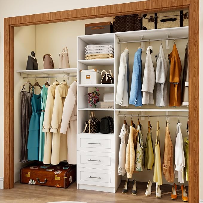 96 inch Closet System with Wooden Drawers, 5FT-8FT Closet Organizer System with Shelving Tower, Walkin Closet System with Expandable Hanging Rods & Movable Shelves, Wall Mount, 91.3”*14.8”*81”,White