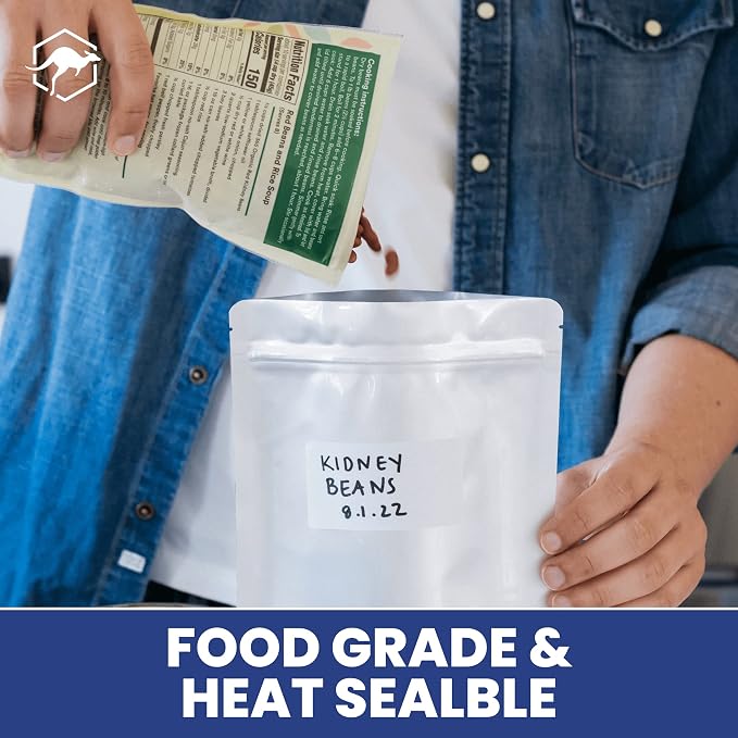 Wallaby 50 Count 1-Quart Gusset Mylar Bags with Labels, 12 Mil Total Thickness Long-Term Food Storage Pouches, 10x7 Stand-Up Zipper Heat-Sealable Airtight Packaging - Silver