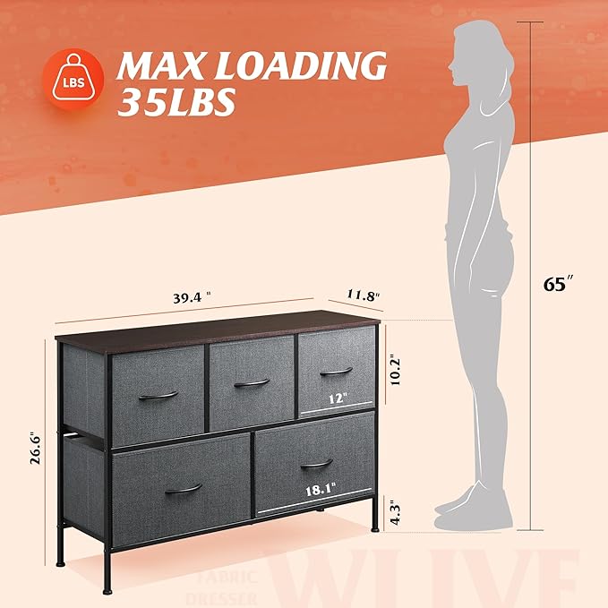 WLIVE 5 Drawer Dresser for Bedroom, Wide Chest of Drawers, Dark Grey | 5 roomy fabric drawers, Wide low-profile design, Bedroom or closet use, Sturdy steel frame, Smooth wood tabletop