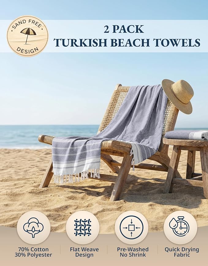 LANE LINEN Beach Towel 2 Pack, Beach Towels Oversized, Soft - Navy Blazer | Pre-Washed Large Beach Towels - 39"x71", Vacation Essential - Machine Washable, Travel & Camping - Reinforced Hems, Durable