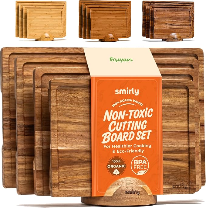 SMIRLY Acacia Wood Cutting Board - 4 Pack Cutting Board Set with Stand | Non Toxic Wooden Cutting Boards with Juice Grooves and Handles, Multiple Sizes Chopping Board for Meal Prep & Charcuterie