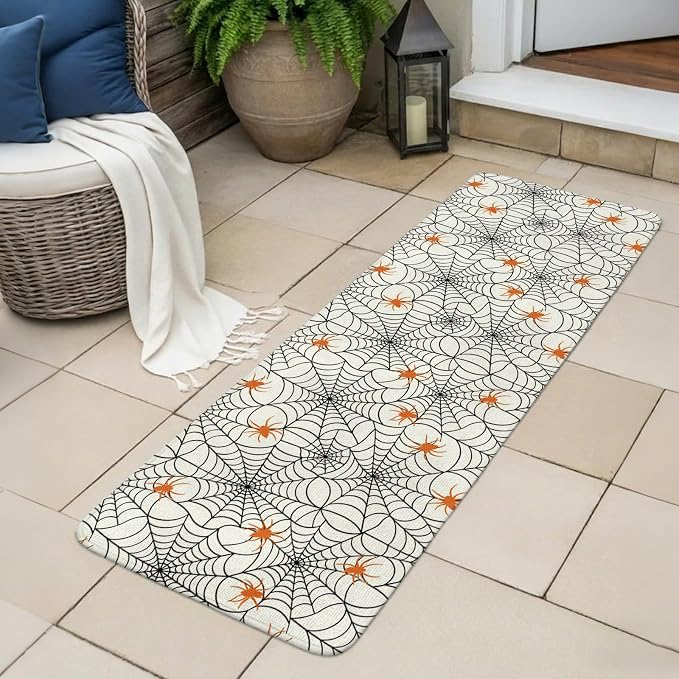 Halloween Bathroom Runner Rugs Non Slip Washable Absorbent Narrow Long Bath Mat Black Net Classic Spiders Gingham Orange Runner Rugs for Kitchen Hallway Bedroom Laundry Study Room 19.7"x63"