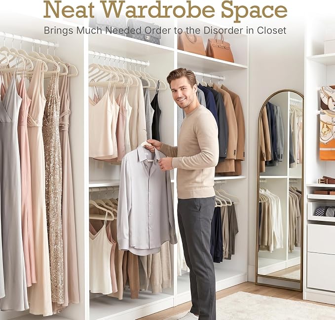 HOUSE DAY Ivory Velvet Hangers 60 Pack, Non Slip Clothes Felt Hanger Heavy Duty for Coat, Premium Slim Space Saving Suit Hangers for Closet Organizer, 360° Rotating Silver Hook