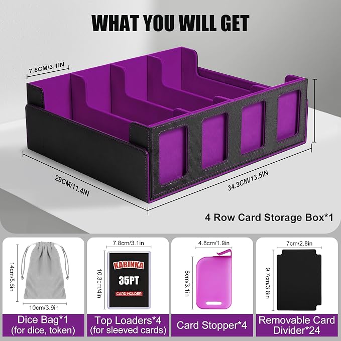 Trading Card Storage Box with Commander Display , 4-Row Deck Case with Removable Lid; 2400+ Card Deck Box for MTG TCG Sports Card, 4 Top Loaders, 4 Stoppers, 24 Dividers,1 Dice Bag (Black Purple)