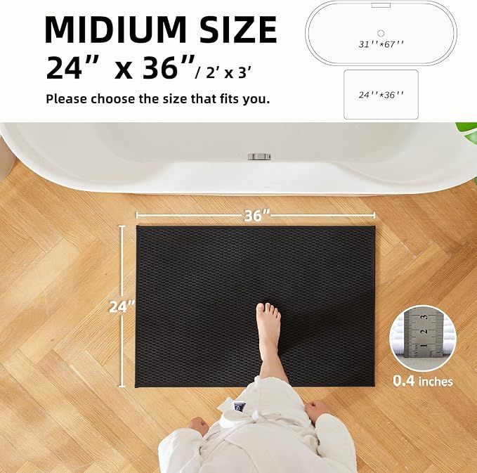 TYUU Black Bathroom Rugs Non Slip Washable, Super Absorbent Thin Bath Mat Quick Dry Low Pile Bathroom Rug, Black 24''x36''