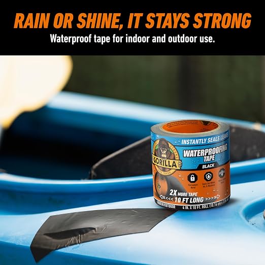 Gorilla Waterproofing Tape, Black, 4" x 10' (Pack of 2) - Permanent Weather Resistant Seal for Leaks and Repairs