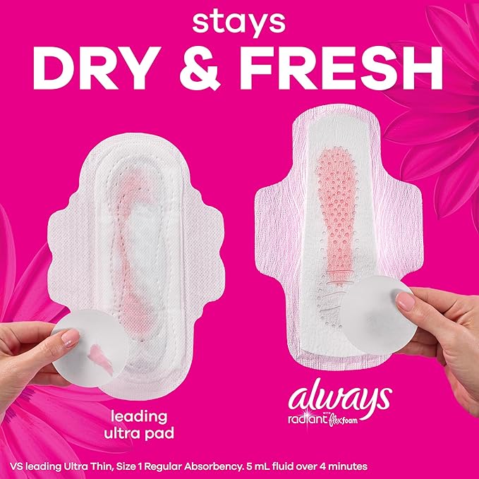 Always Radiant Feminine Pads for Women, Flexfoam Pads with Wings, Size 2, Heavy Absorbency, Lightly Scented, 78 Count (3 Packs of 26)