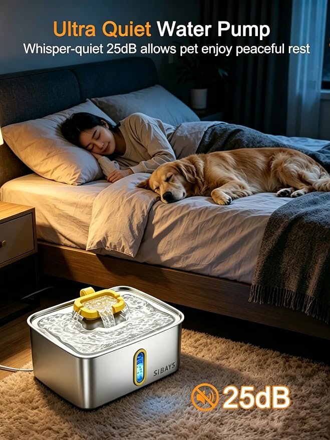 SIBAYS 4Gal/15L Stainless Steel Large Dog Water Fountain, Ultra Quiet Automatic Pet Water Fountain, Dog Water Bowl Dispenser with Water Level Window and LED Light, Easy to Clean(FS78, Silver-Yellow)