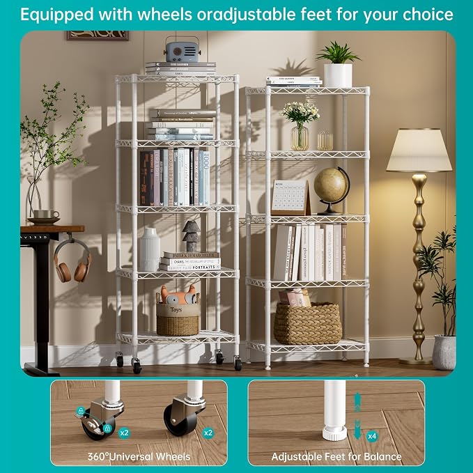 SINGAYE 5 Shelves Storage Shelf Wire Shelving Unit Metal Adjustable Wheels | Small Shelf Storage with Wheels Organizers Closet Unit for Bathroom Laundry Room Kitchen Pantry11.5D x 17.5W x 57H White