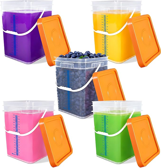 5 Pack 5 Gallon Square Plastic Bucket with Lids and Graduation Marks, Food Grade Clear Storage Containers for Kitchen & Industrial, BPA Free Heavy Duty Pail with Handle for Liquid, Paint, Grain