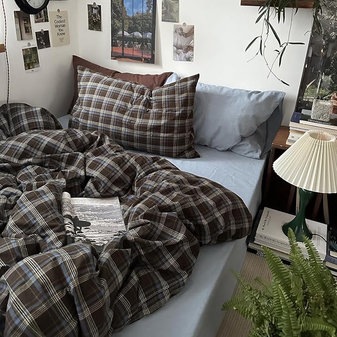 mixinni Vintage Brown & Blue Buffalo Plaid Duvet Cover Set Twin XL Size - 3 Piece Washed Cotton Bedding Set with Grid Pattern, Soft & Breathable Duvet Cover with Pillowcases for Boys, Men& Women