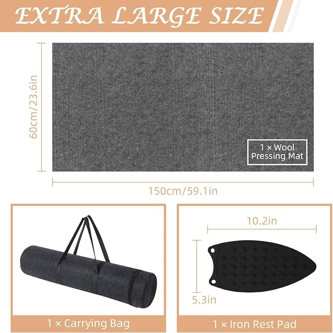 24" X 60" Wool Pressing Mat, 100% Felted Wool Ironing Mat Pad Wool Felted Iron Board Quilting Supplies and Notions, Ideal for Ironing, Quilting, Sewing