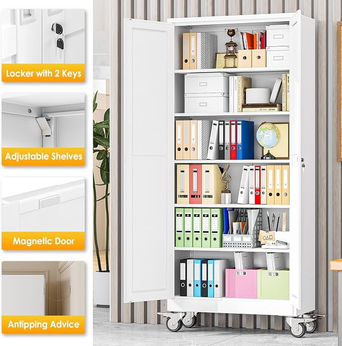 PAOFIN 75''H Metal Garage Storage Cabinet with Wheels,Steel File Cabinets with 2 Doors and 5 Adjustable Shelves for Home Office, Warehouse, Required Assembly,White