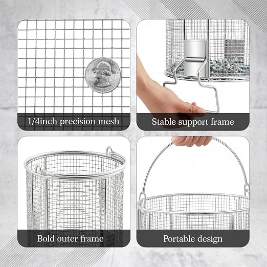 2 Pcs 1/4″ Mesh 5 Gallon Dip and Drain Stainless Steel Part Cleaning Strainer Basket for Buckets, Swing Handle, for Mechanics Auto Parts Washing Garage Shop Home Workshop, Bucket Not Included
