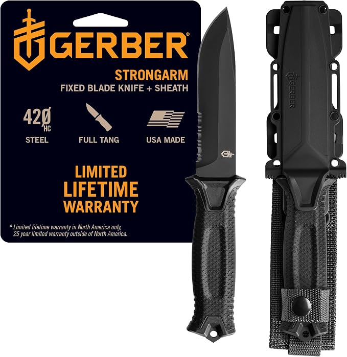 Gerber Gear StrongArm - Fixed Blade, Full Tang Knife - Camping Knife with Multiple Carry Options - Made in USA - Black, Serrated Edge
