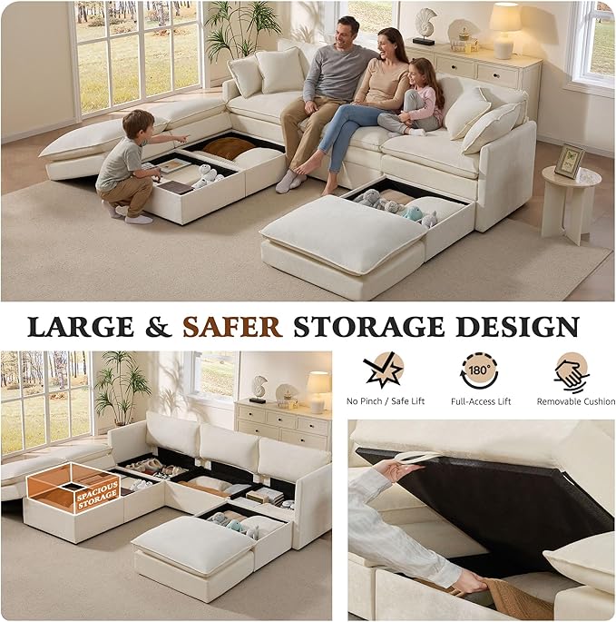 Ihanherry Oversized Sectional Sofa Bed with Storage, 103" 6-Seater Modular Cloud Couch with Movable Ottomans, Chenille Deep Seat Sleeper Couches for Living Room (Beige)