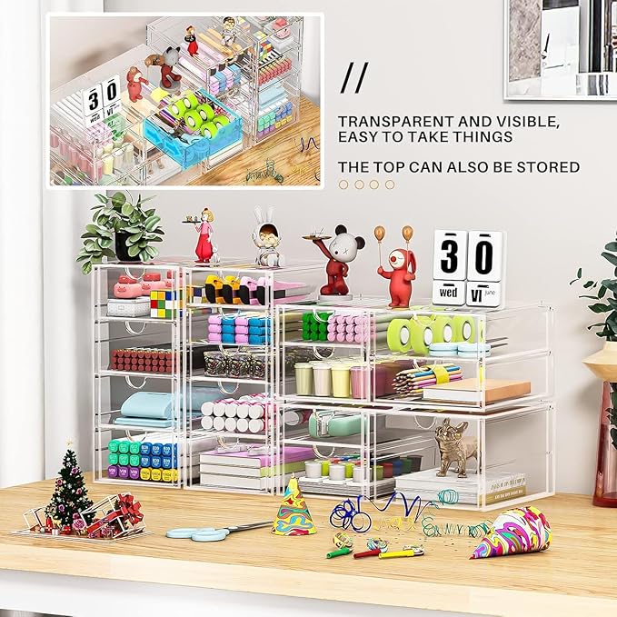 caktraie Makeup Organizer Storage With 16 Drawers, 4 Pcs Desktop Office Supplies, Desk Organizers, Clear Accessories, Dustproof Storage Drawer and for Make Up, Jewelry, Pen, Stationary