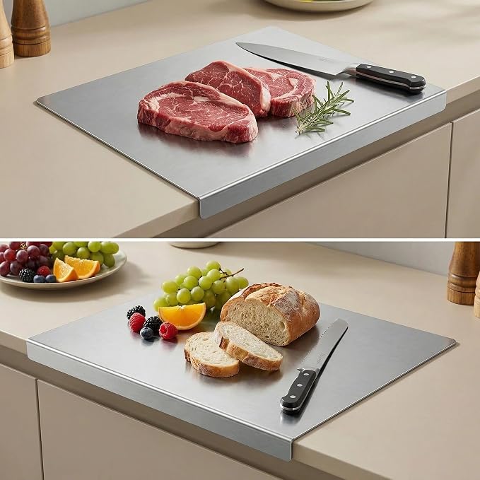 Stainless Steel Cutting Board with Lip and Non-Slip Mat (15.7 × 11.8 in) | Reversible Metal Cutting Board, L-Shaped Lip, Dishwasher Safe, for Meat, Fruit, Vegetables & Bread