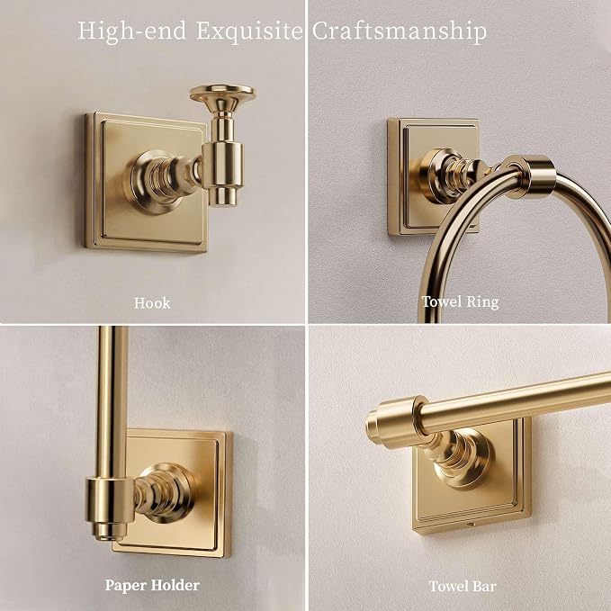 VEHCIL Champagne Gold Bathroom Towel Bar Set, 5 Piece Bathroom Hardware Accessory Set, SUS304 Stainless Steel 24" Towel Rack Holder Set for Bathroom, Wall Mounted