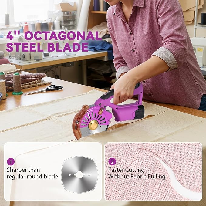 BAOSHISHAN Cordless & Rechargeable Electric Fabric Rotary, Adjustable Speed | ﻿2 x 2500mAh Battery, Round Blade Fabric Cutting Machine for ≤1.06" Thickness Multilayer Fabric Leather Cloth Carpet (Purple)