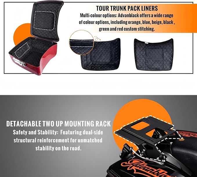 Advanblack 2024 Road Glide Razor Tour Trunk Pack Compatible with Road King FLHR Street Glide FLHX Road Electra Glide 2014-2025 Mounting Rack, Backrest & Stitching Liners (Whiskey Fire)