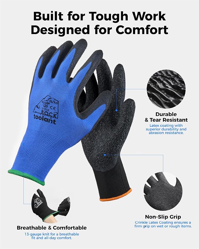 toolant Crinkle Latex Work Gloves Bulk, Rubber Coated Safety Work Gloves for Men and Women, 12 Pairs for Construction, Gardening, Warehouse (Black & Blue, Small)