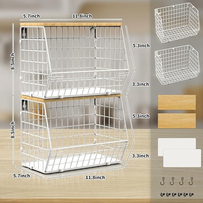 Mefirt Fruit Basket, 2-Tier Fruit Bowl for Kitchen Counter, Stackable Wall Mounted Fruit Storage, Snack Organizer, Potato and Onion Storage Basket, Hanging Pantry Storage with Wood Lid, 2 Set, White