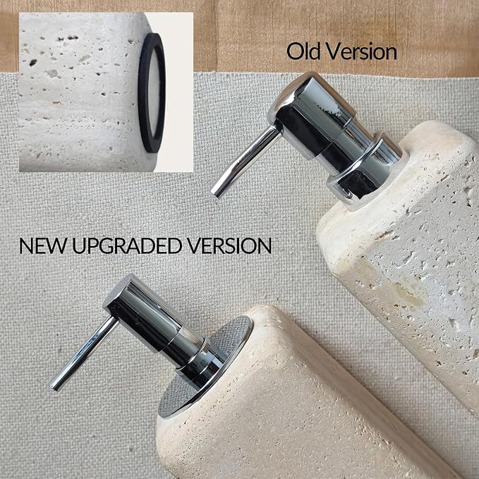 Travertine Stone Soap Dispenser Natural Organic Bathroom Soap Pump with Metal Push Pump, Elegant Square Hand Lotion Jar, Premium Heavy Duty Pump Bottle Lotion Jar for Kitchen/Laundry Room(Ivory White)