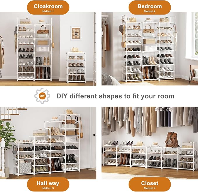 WOWLIVE 9 Tiers Large Shoe Rack White Shoe Rack Organizer for Closet 50-55 Pairs Stackable Heavy Duty Shoe Shelf Shoe Storage with Metal Pipes Plastic Connectors