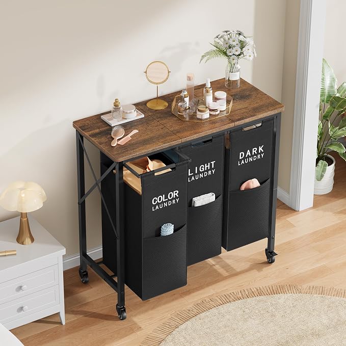 Gewudraw 3 Section Laundry Sorter with Ironing Board, Black | Laundry Sorter with Removable Bags, Heavy-Duty Rolling Laundry Cart, Lockable Wheels, For Bathroom, Bedroom
