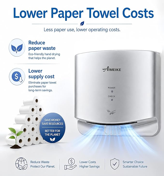Automatic Commercial Hand Dryer, 110V 1300W High Speed Wall Mounted Hand Dryer for Bathroom, 7–10s Drying, 100m/s Air Speed, 72dB, Plug-in or Hardwired, Silver