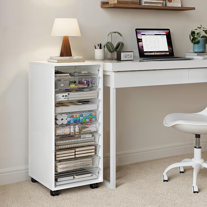 WOPITUES Storage Drawer Cart, Mobile Storage Cabinet, Makeup Storage with 10 Large Clear Drawers, Utility Wooden Rolling Cart on Wheels, for Cosmetic, Art Craft, Office Supplies, Toy, White